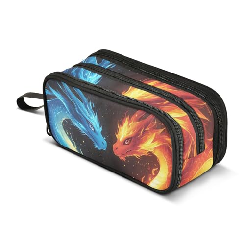 Image of Dragons Red Blue Fire Eyes Pencil Case Box Boys Girls Large Pencil Pouch with Zipper Compartments Big Capacity Stationery Pen Bag Organizer for Kids Teens Adults School