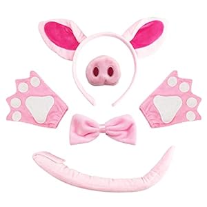 VIKSAUN Kostuum voor varken, oren, neus, staart en vlinderdas, handschoenen, roze varken, kostuum, kit, accessoires, met oren, dierenstaart, vlinderdas voor cosplay, Halloween party favorieten