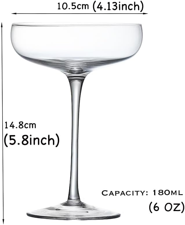 Cocktail Coupe Glasses, Set of 4, 6 Oz Crystal Clear Stemmed Glasses for Manhattan, Martini, 5.8 Inch Height