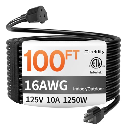 Deeklify 16/3 100 FT Black Outdoor Extension Cord Waterproof, Black 16 Gauge Extension Cord Flexible...
