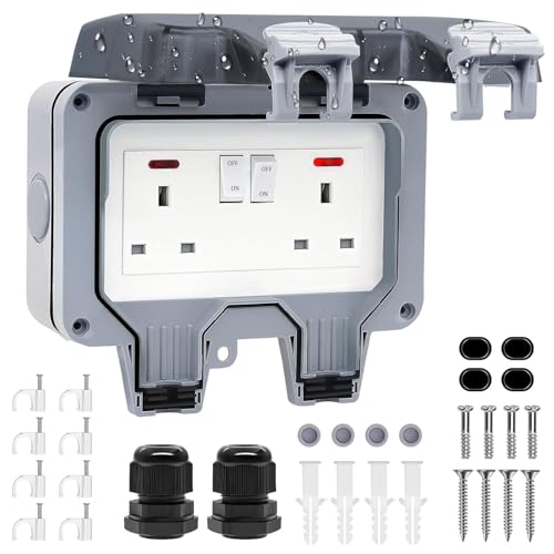 Double Outdoor Socket Waterproof Outside Plug Socket Weatherproof IP66 Wall Electrical Outlet 13Amp 2Gang Storm Switched Power Socket