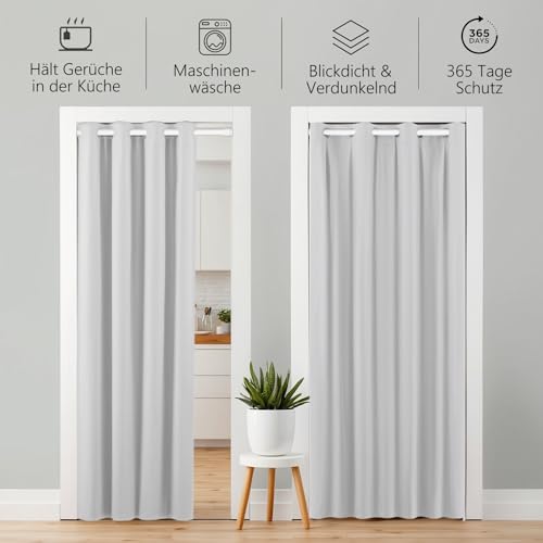tinycurtains, Thermo Türvorhang mit Teleskopstange, einfache Montage in nur 1 Minute ohne Bohren (Türgardine weiß H200 x B150 cm + Stange… – Ansicht 3