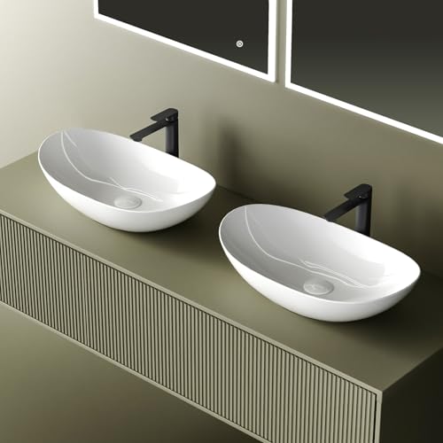 EMKE Aufsatzwaschbecken Oval 35 × 27 × 11 cm, Keramik Waschbecken für Bad und Gäste-WC, weiß glänzend