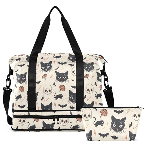 Travel Duffel Tote Bag Cat and Skulls Sports Duffel Bag with Wet Pocket Weekender Overnight Bag for Women Men Gym Bag, Carry On Bag Hospital Bag for Labor and Delivery