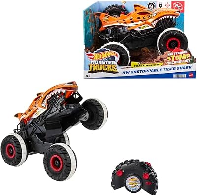 Hot Wheels Monster Trucks Coche Teledirigido, Coche de Juguete Radio Control teledirigido Tiger Shark Unstoppable, vehículo Todoterreno, +3 años, HGV87