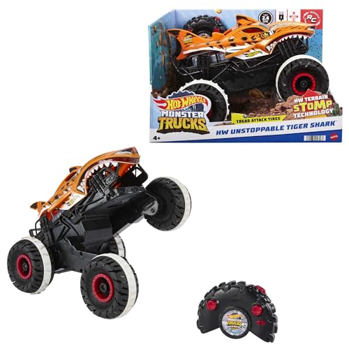 Hot Wheels Monster Trucks Coche Teledirigido, Coche de Juguete Radio Control teledirigido Tiger Shark Unstoppable, vehículo Todoterreno, +3 años, HGV87