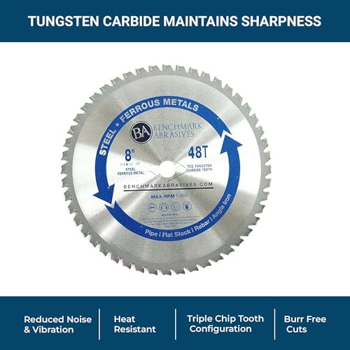 Benchmark Abrasives TCT 8 Inch Circular Saw Blade, Tungsten Carbide Tipped Metal Cutting Saw Blades for Cutting Metal, Stainless Steel, Ferrous Metals, Miter Saw Blade (8" 48 Teeth)