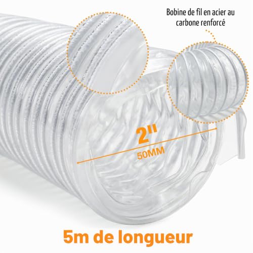 Aboiledy 5 M Tuyau de collecte de poussière en PVC transparent avec 2 fermetures, tuyau d'aspiration (50 mm), tuyau d'aspiration en PVC transparent en spirale, tuyau flexible d'aspiration pour – vue 2