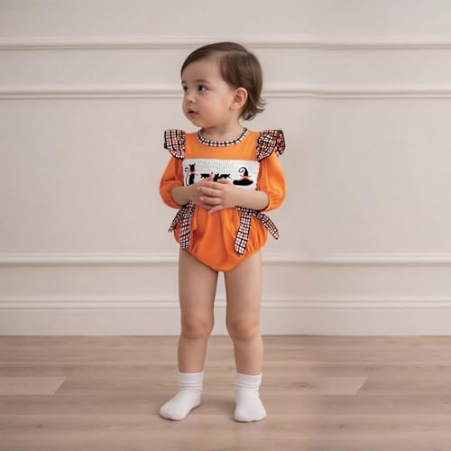 Bowanadacles Newborn Baby Girl Halloween Outfit Clothes Embroidery Smocked Romper Long Sleeve Bubble Bodysuit Top2