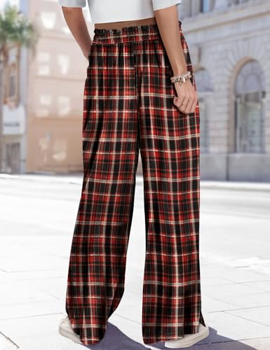 YESNO Women's Wide Leg Woolen Pants Fall Elastic High Waist Casual Palazzo Trousers with Pockets and Side Split PW04