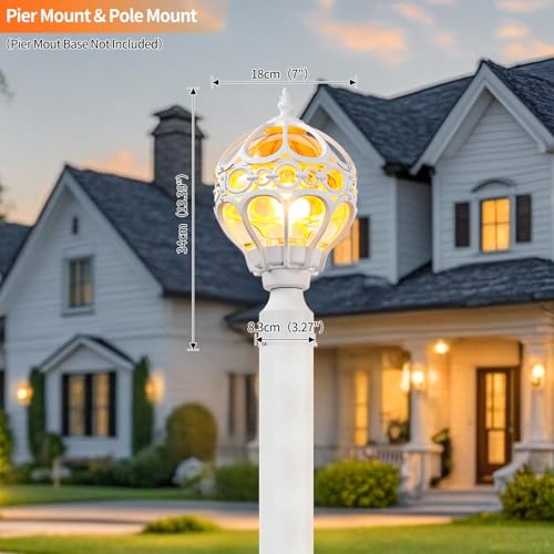 Image of White Outdoor Globe Post Lights, Exterior Waterproof Rustproof Sphere Outside Post Lamps Fixture, Farmhouse Aluminum Pillar Lantern for Porch House Pathway Fence Yard Garden Patio, No Sensor