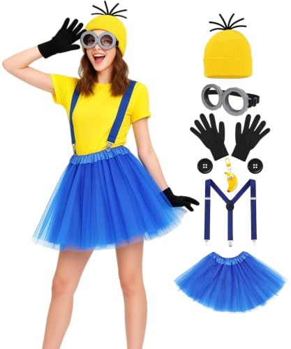 Yellow Cartoon Character Inspired Costume Set for Women Funny Animated Accessory Kit with Beanie Goggles Gloves Blue Suspenders Tutu Skirt Banana Charm for Halloween Party RK094