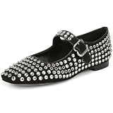 ZIXSAA Rhinestone Flats for Women Studded Ballet Flats Sparkly Square Toe Buckle Strap Ballerina Mary Jane Shoes Black