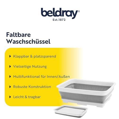 Beldray Waschschüssel Faltbar, Spülschüssel Camping Rechteckig, Wasch Schüssel mit Griff für Picknick & Festival, Faltbare Waschwanne für Unterwegs, Weiß/Grau