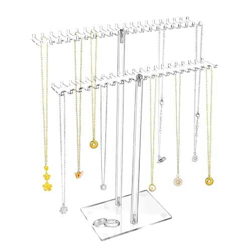 Colgador de Collares, 2 Pisos Acrílico Joyero para Collares con 80 Ganchos Soporte para Joyas Organizador Collares Transparente Expositor Collares para Collares Pulseras Anillos Accesorios, 1 Piezas