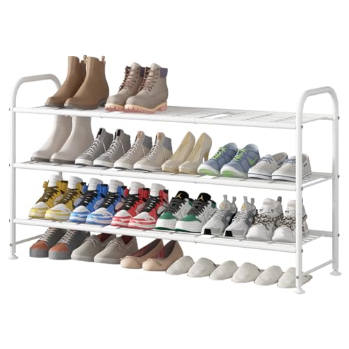 LINZINAR Shoe Rack Long 3 Tier Shoe Storage Organizer Metal Wide Shoe Shelf for Closet Entryway Bedroom 24 Paris Large Capacity, Black (White, 3-Tier)
