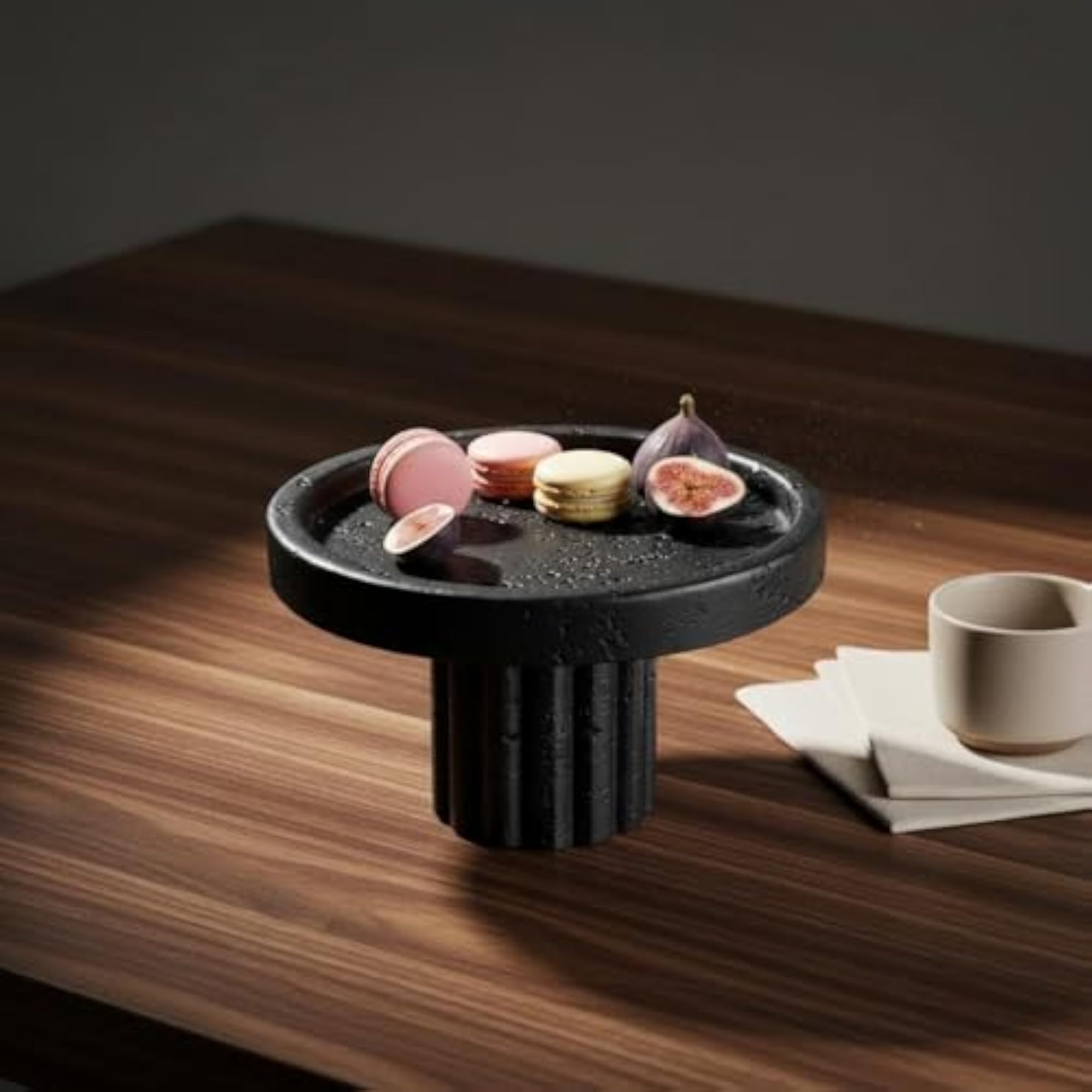 Speckled Surface Ribbed Tray, Black Round Design
