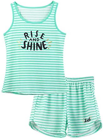 Cozchique Girls Tank Top Pajamas – Size 16 Summer Shorts PJS Set Big Kids Clothes for Tween/Teens Green Stripe
