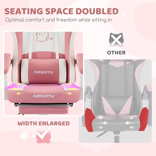 Image of Gaming Chair, Pink Video Game Chairs for Adults with Cat Ears Pocket Spring Cushion Massage Lumbar Support & Headrest, Ringing Accessories Cute Leather Ergonomic Computer Chair for Girls, Pink /White