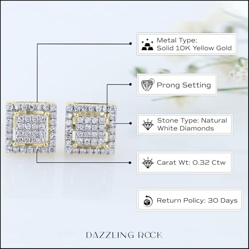 Dazzlingrock Collection 0.32 Carat (ctw) Round White Diamond 7.50mm Square Shaped Hip Hop Iced Out Studs in 10K Solid Gold, Unisex Design Ladies, Mens Real Diamond Earrings4