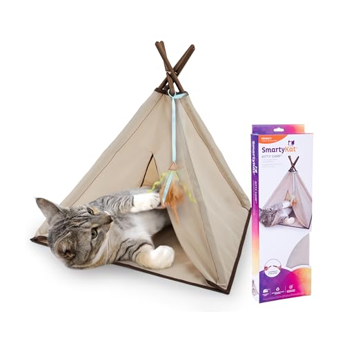 SmartyKat Kitty Camp Crinkle Cat Tent Hideaway Collapsible Tent with Detachable Feather Toy for Privacy & Play for Cats & Kittens Beige One Size