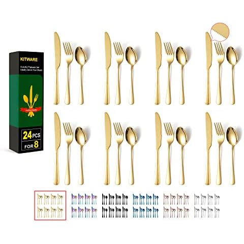 24 Pieces Knifes Forks Spoons Set for 8, KITWARE Gold Silverware Set, Flatware Stainless Steel for Lunchbox, Mirror Polished Cutlery, Kitchen Travel Utensils Set Outdoor Camping Picnic Cover