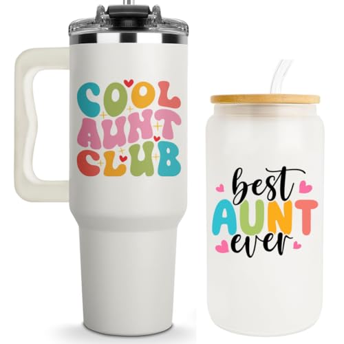 Mothers Day Gifts for Aunt - Cool Aunt Club Coffee Tumbler 40Oz, Best Auntie Gifts from Niece Nephew for Birthday, Presents for First Time & Best Auntie Ever, New Aunty Cup with Handle Straw
