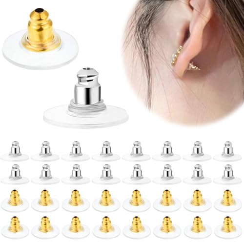 COYUN 100 Pcs Fermoir Boucles d'Oreilles Silicone, Attache Boucles d'Oreilles Silicone, 50 en Or et 50 en Argent, Accessoires pour Remplacement et...
