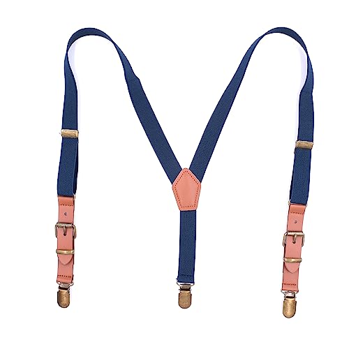 Kids 3-clip fashion Y-shaped suspenders with casual suspenders 2.0 leather bow tie set for boys and girls and suspenders (2.0 Collar Set - Navy blue)