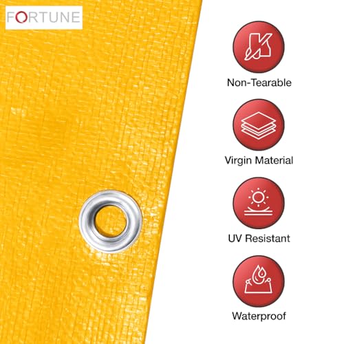 Image of FORTUNE Tarpaulin Sheet Waterproof (12Ft x 9Ft) with 170 GSM, Virgin Material, UV Resistant,Aluminum Eyelets - Laminated, Heavy Duty Tadpatri, Tarpaulin Plastic Sheet for Covering (Yellow)