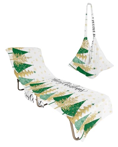Green Yellow Christmas Tree Beach Lounge Chair Towel Cover, Soft Chaise Lounge Towel with Side Pockets Patio Pool Chairs Cover for Beach/Pool Sunbathing 29x85 Xmas Winter Snowflake