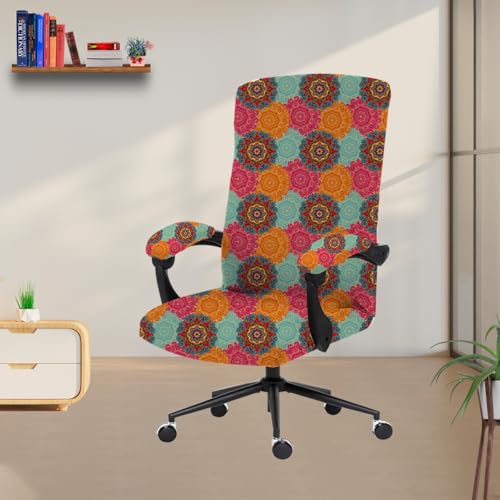 Image of Eleganta Stretch Boss Office Chair Cover Printed Computer Chair Covers with Armrest Cover Universal Removable Spandex Rotating Chair Slipcovers Soft Desk Chair Seat Protector Multi Mandala (Pack Of 8)