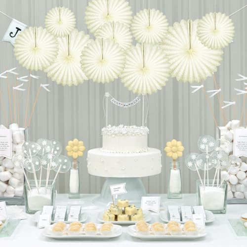 Image of 20 Pcs Cream White Hanging Paper Fan, Hanging Honeycomb Round Paper Fans for Weddings, Birthdays, Christmas, Baby Showers, Classroom, Events Ceiling Party Supplies Decorations