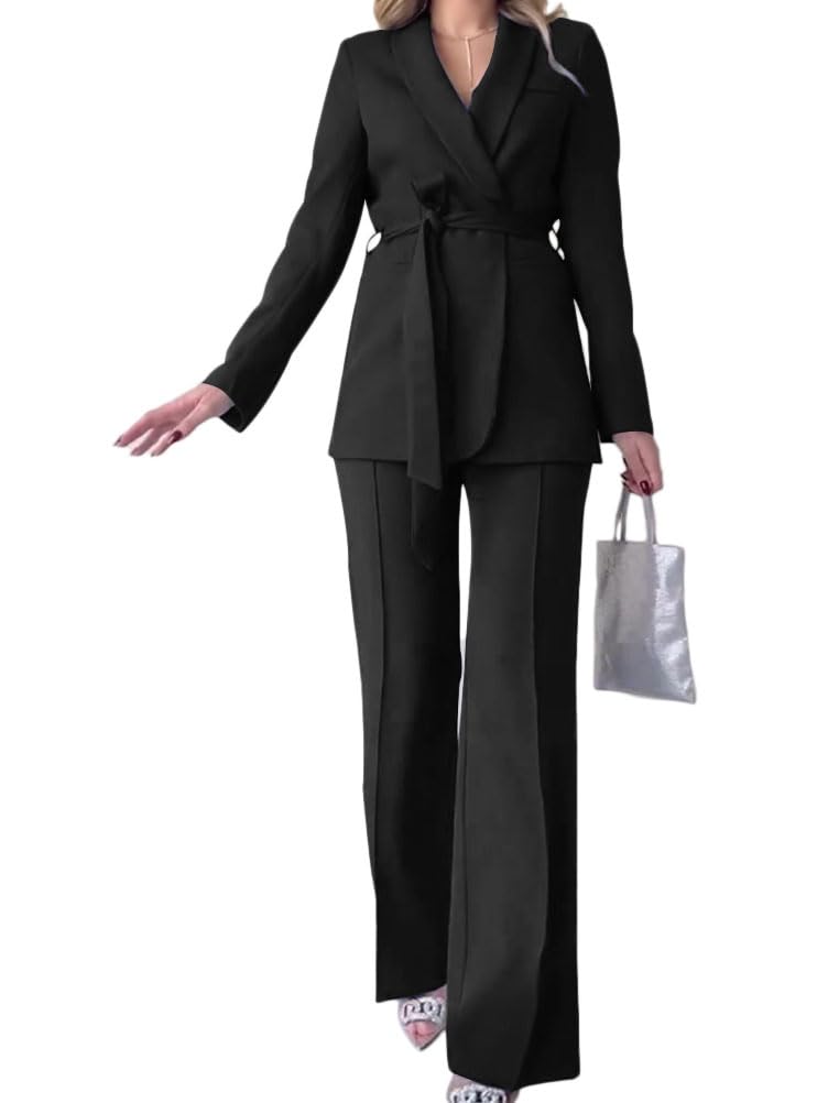 shownicer Tailleur Pantalone Donna Eleganti Completo Giacca Blazer e Pantaloni Lunghi con Cintura 2 Pezzi Set per Cerimonia Business Casual