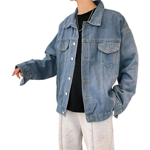Mens Pockets Loose Fit Denim Jacket Long Sleeve Hipster Trucker Coat Classic Washed Cowboy Jackets (Blue,Medium)