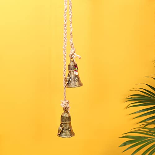 Image of Aakriti Art Creations Handcrafted Golden Dhokra Brass Bells with Animal Motifs | Handmade Dhokra Art with Jute & Wooden Beads | Decorative Indoor & Outdoor Hanging for Home, Balcony & Gifting