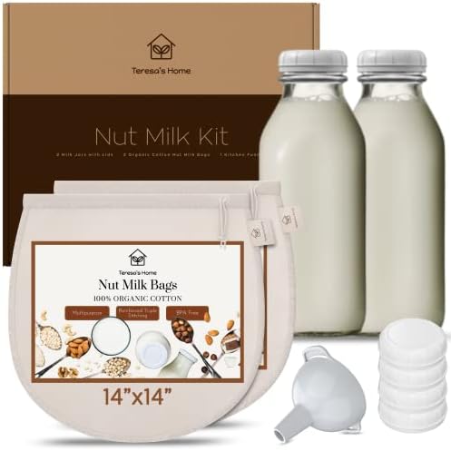 Nut Milk Bag Kit - 5 Piece Set - 2 14”x14” Bags, 2 32 oz Glass Milk Bottles With Lids, 1 Kitchen Funnel.100% Organic Cotton,Reusable Cheesecloth. Nut Milk Bags for Straining Almond Milk