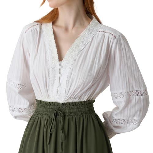 YESSA Women Renaissance Shirt Peasant Blouse V Neck Pirate Peasant Sleeve Dressy Top Ren Faire Costumes