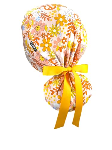 Image of Scrub Cap for Women and Men, Ponytail Scrub Caps, Working Hat, Head Cover with Ribbon Ties and Buttons, Long Hair