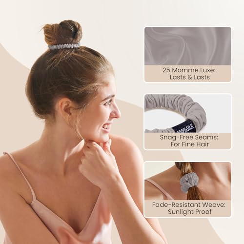 Image of THXSILK 100% Mulberry Silk Scrunchies 3-Pack, 25 Momme Mulberry Silk Hair Ties for Women, Sleek Low Profile No Damage Ponytail Holders, for Fine Hair & Everyday Use, Grey