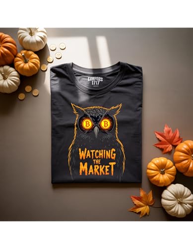Bitcoin Owl Graphic T-Shirt – Watching The Market – Unisex Black Garment-Dyed Crypto Halloween Shirt, Night Owl Trader Gift - Image 3