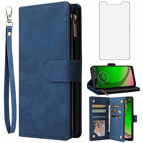Étui portefeuille Moto G7 Play bleu avec protège écran en verre trempé