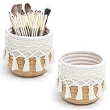 2 Stück Boho Pinselhalter Korb - Geflochtene Körbchen für Schminktisch Organizer und Kosmetik, mit 15-teiliger Make-up Bürsten Set - Pinselhalter Kosmetik ideal für kleine Körbchen im Badezimmer und a