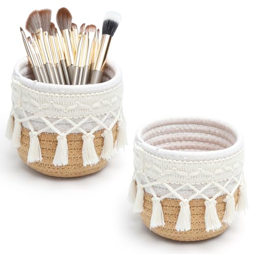 Paniers Boho en Coton 10x10 cm Organisateur de Maquillage et Rangement Pinceaux Panier Tressé Décoratif pour Coiffeuse Salle de Bain Bureau Porte-Stylo et Accessoires de Maquillage avec 15 pinceaux
