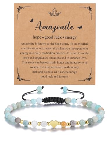 CrystalTears Amazonite Crystal Bracelet for Women 4mm Healing Gemstone Beaded Bracelet with Gold Heart Charm Stone Bracelet Jewellry Gifts for Women Girlfriend Mum Birthday Valentine’s Day