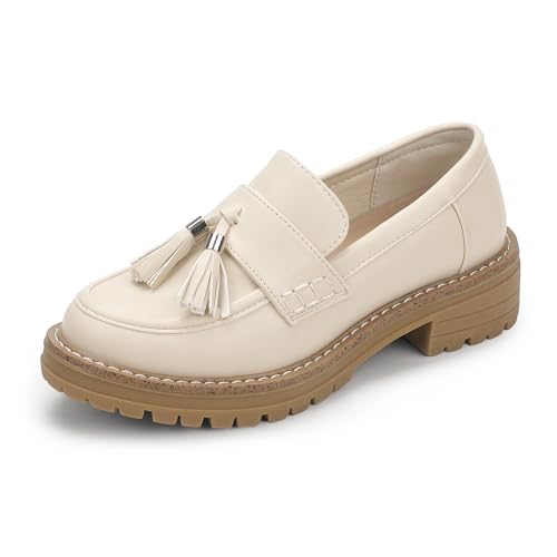 IDIFU Platform Loafers for Women Beige Slip on Chunky Low Heeled Dress Shoes for Women Penny Lug Sole Loafers Fall Work Business Casual Comfortable Fashion Closed Toe Shoes with Tassel(Beige Pu, 8)