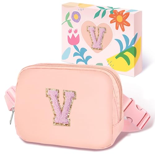 Image of COSHAYSOO Valentines Birthday Initial Gifts for Teen Girls 5 6 7 8 9 10 11 12 13 14 Year Old Pink Fanny Pack for Girls Belt Bag Crossbody Travel Purse Unique Trendy Girly Stuff Chenille Letter V
