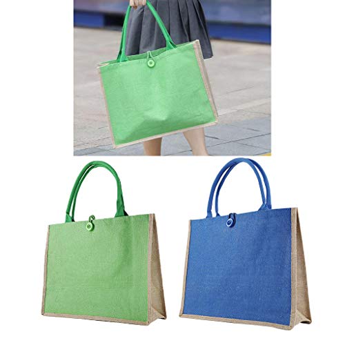 kowaku 2x Mulheres Casual Ombro Bolsa Linho Color Block Tote Bag - Verde + azul