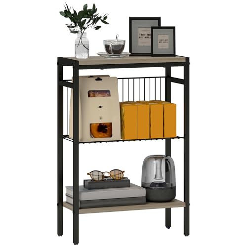HOMCOM Mesa Auxiliar Estrecha de 3 Niveles Mesita Auxiliar Industrial con Estantes Abiertos y Estructura de Acero para Salón Dormitorio 43x18x62,5 cm Gris