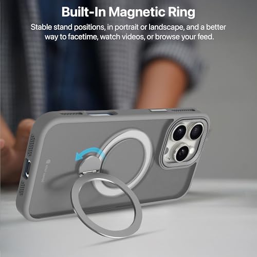 Image of eller sante Maximus Back Cover Case for iPhone 16 Pro Max with Magnetic Alloy Ring Metal Kickstand Camera Protector TPU Shockproof 10ft Drop Protection Compatible with Mag-Safe- Grey